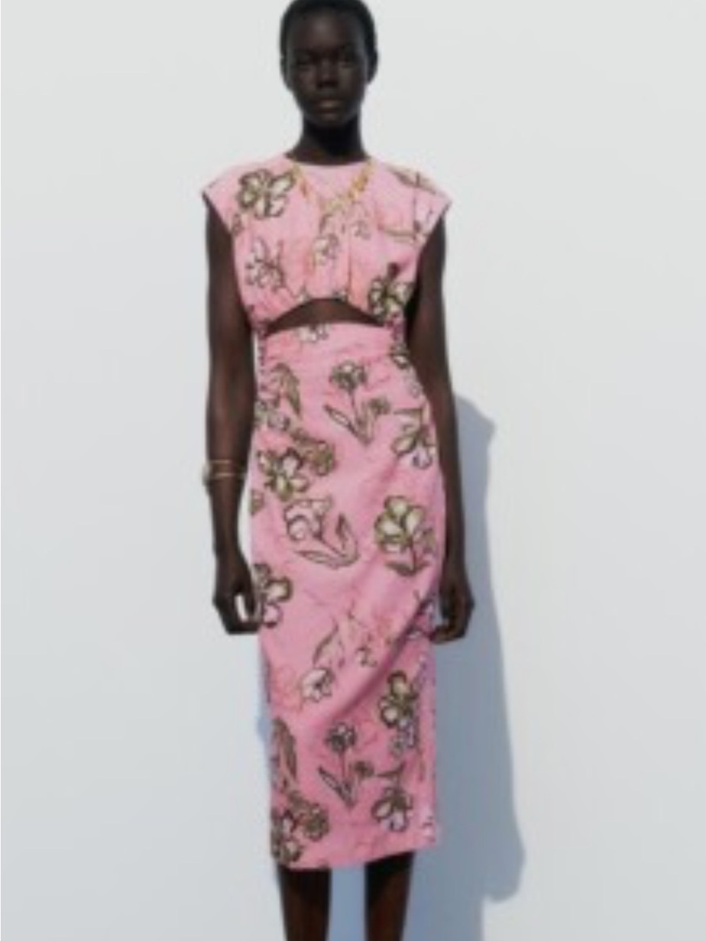 Zara Linen Blend Pink Floral Cutout Dress with Green Accents